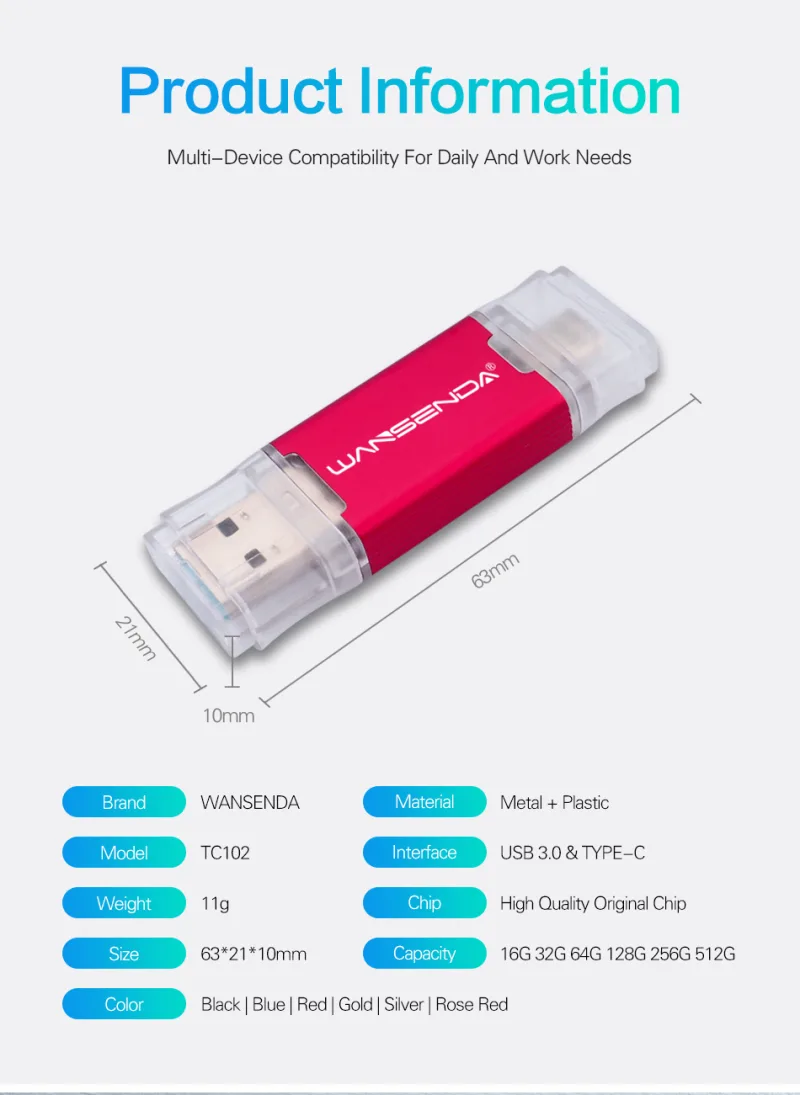 WANSENDA OTG Type-C USB 3.0 USB Flash drives 512GB 256GB 128GB 64GB 32GB 16GB Pen Drive for Android/PC/Mac Pendrive Memory Stick detail 8