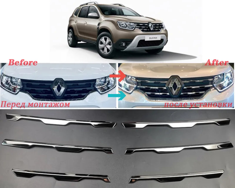 Car Front Grille Cover Trim Molding Chrome Stainless Steel Protector Sticker for Renault Duster 2018-2023 - image 1