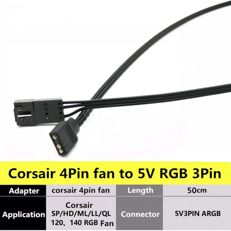 Corsair Fan RGB ARGB Adapter Cable HD LL120 140 QL 3Pin 4Pin Fan to 5V 3Pin RGB LED Cable 50cm detail 6