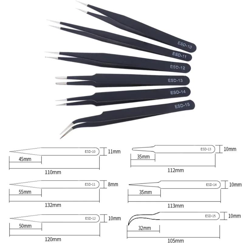 2/6pcs Precision Tweezers Set ESD Anti-Static Stainless Steel Tweezers Repair Tools for Electronics Repair Soldering Cra image 4