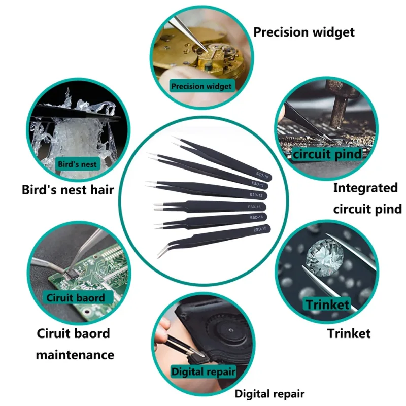2/6pcs Precision Tweezers Set ESD Anti-Static Stainless Steel Tweezers Repair Tools for Electronics Repair Soldering Cra image 5