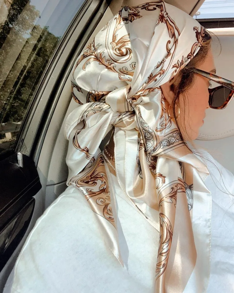 Satin Square Scarf Women Muslim Hijab Elegant 2025 Print Silk Neckerchief Shawl Wraps Headband Handle Hair Accessories B