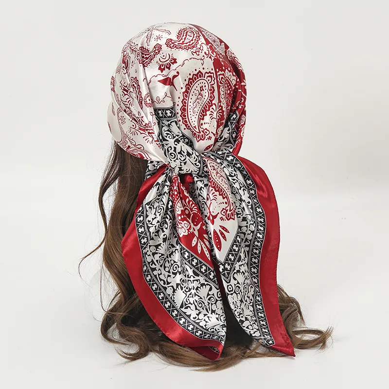 Satin Square Scarf Women Muslim Hijab Elegant 2025 Print Silk Neckerchief Shawl Wraps Headband Handle Hair Accessories B