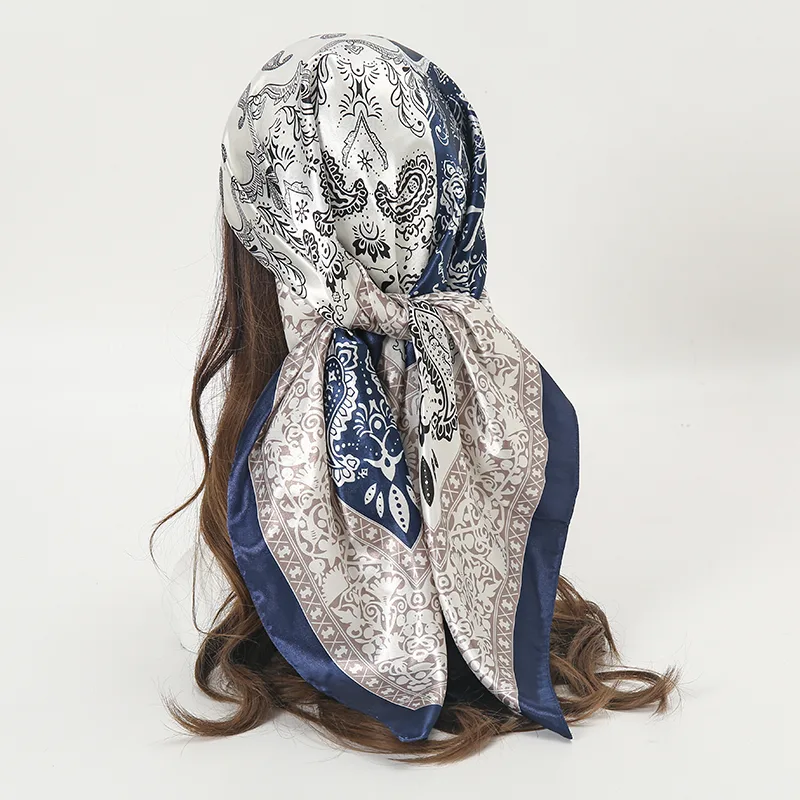Satin Square Scarf Women Muslim Hijab Elegant 2025 Print Silk Neckerchief Shawl Wraps Headband Handle Hair Accessories B