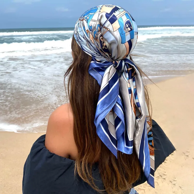 Satin Square Scarf Women Muslim Hijab Elegant 2025 Print Silk Neckerchief Shawl Wraps Headband Handle Hair Accessories B
