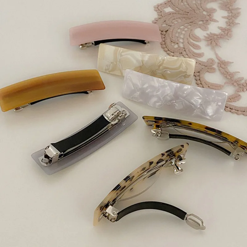 Women Vintage Acetate Rectangle Hairpins Hair Clips Solid Color Marble Print Side Clips Barrettes Hair Accessories