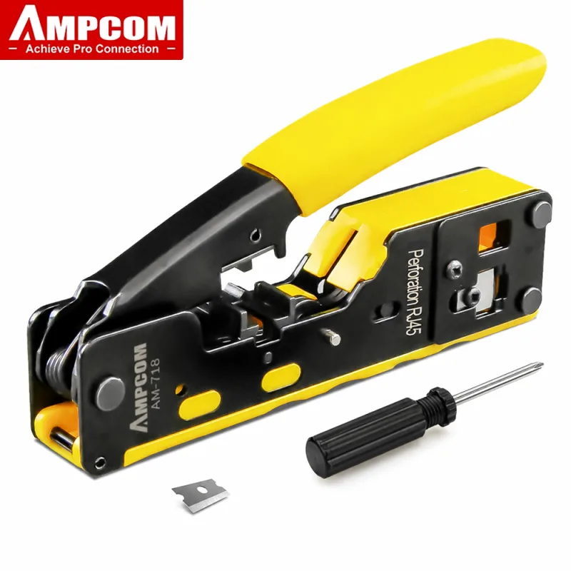 AMPCOM EZ-Type RJ45 Network Crimper - Crimp/Cut LAN CAT8/7/6A/6/5E (STP/UTP/With Tail Clip) & RJ11/12 TEL Modular Cable (AM-718) - image 1