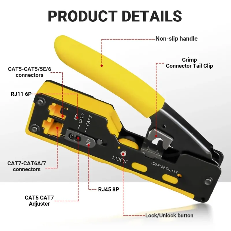 AMPCOM EZ-Type RJ45 Network Crimper - Crimp/Cut LAN CAT8/7/6A/6/5E (STP/UTP/With Tail Clip) & RJ11/12 TEL Modular Cable (AM-718) - image 2