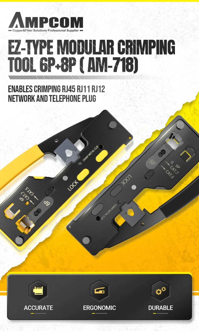AMPCOM EZ-Type RJ45 Network Crimper - Crimp/Cut LAN CAT8/7/6A/6/5E (STP/UTP/With Tail Clip) & RJ11/12 TEL Modular Cable (AM-718) detail 1