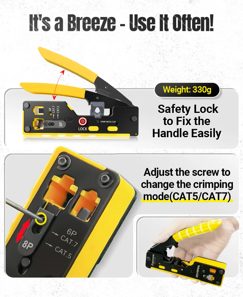 AMPCOM EZ-Type RJ45 Network Crimper - Crimp/Cut LAN CAT8/7/6A/6/5E (STP/UTP/With Tail Clip) & RJ11/12 TEL Modular Cable (AM-718) detail 2
