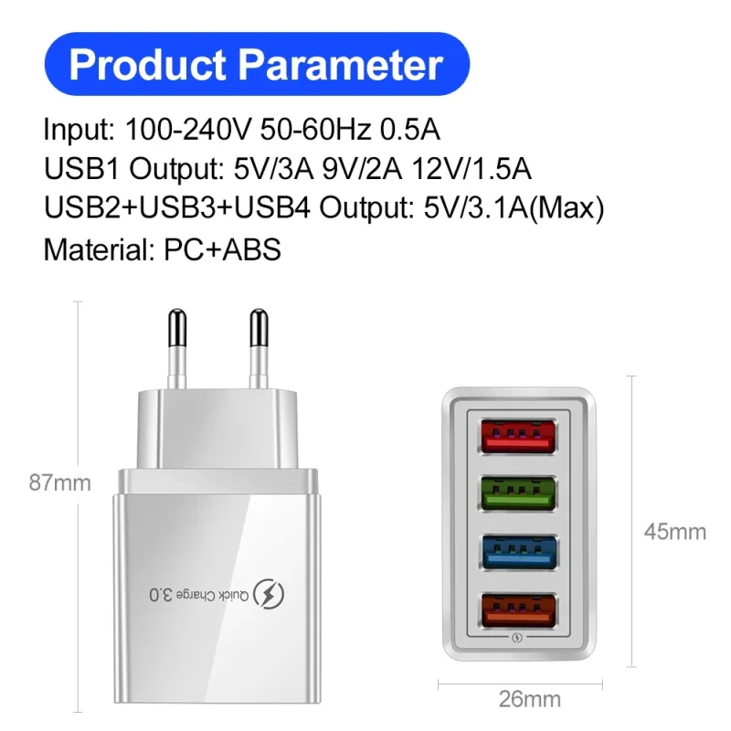EU US Plug 3A USB Charger Multi Port 4 USB Quick Charge 3.0 For Phone Adapter Tablet Portable Wall Charger Fast Charger  image 5