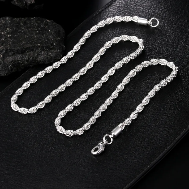 Hot Charms Fine 4MM Rope Chain 925 Sterling Silver Necklaces for Woman Men Classic Fashion Jewelry Wedding Party Holiday image 2