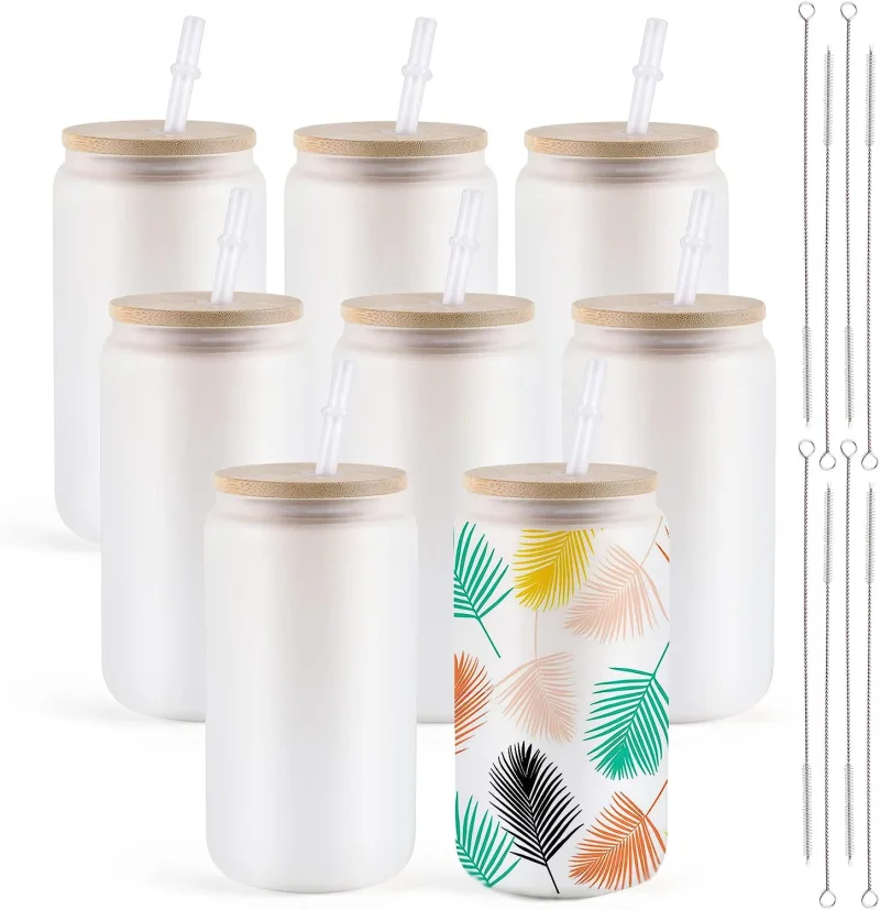 HTVRONT 8 Pack 16OZ Frosted/Clear Glass Sublimation Tumblers with Bamboo Lid Sublimate Tumbler Blanks DIY for Iced Coffe image 1