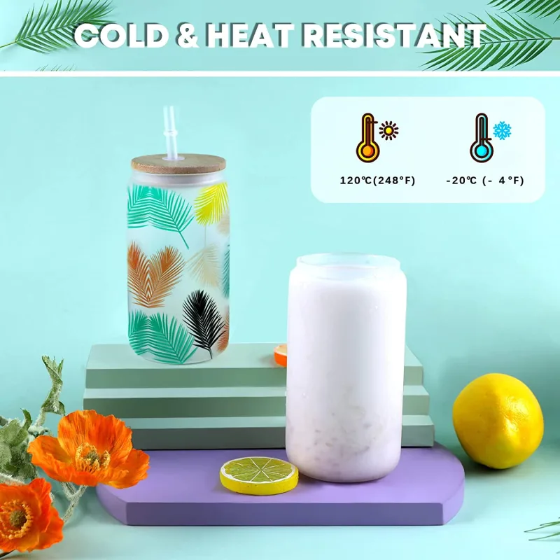HTVRONT 8 Pack 16OZ Frosted/Clear Glass Sublimation Tumblers with Bamboo Lid Sublimate Tumbler Blanks DIY for Iced Coffe image 3
