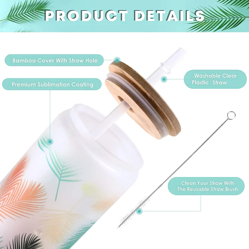 HTVRONT 8 Pack 16OZ Frosted/Clear Glass Sublimation Tumblers with Bamboo Lid Sublimate Tumbler Blanks DIY for Iced Coffe image 4