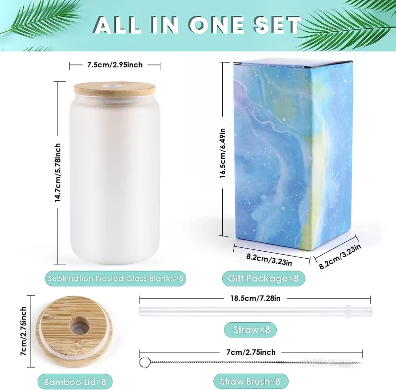 HTVRONT 8 Pack 16OZ Frosted/Clear Glass Sublimation Tumblers with Bamboo Lid Sublimate Tumbler Blanks DIY for Iced Coffe image 6