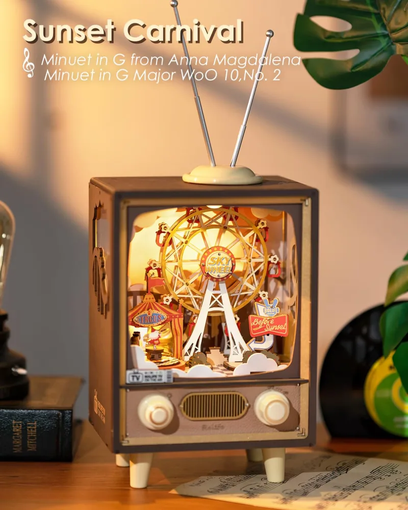 Robotime Rolife Sunset Carnival Music Boxes With Lights Ferris Whee...
