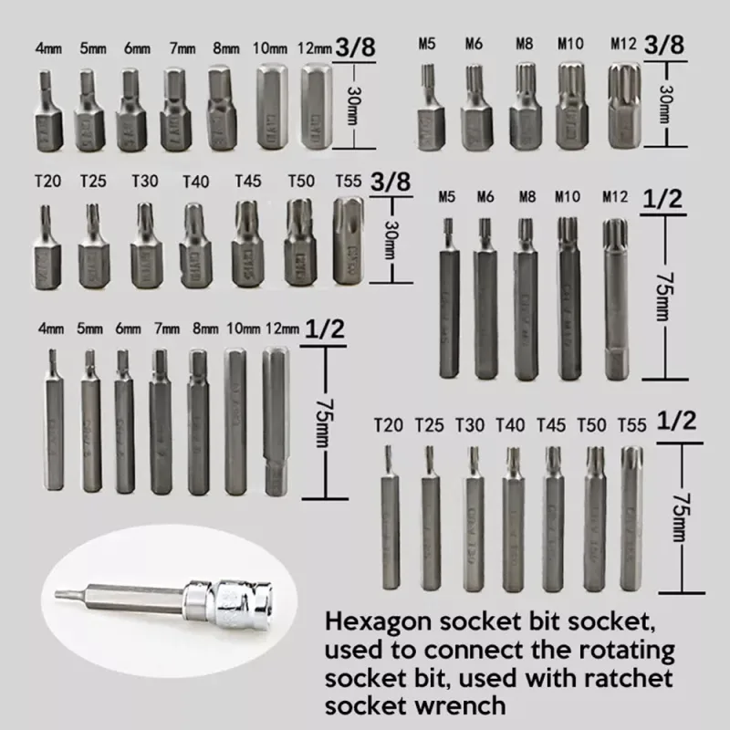 40Pcs/Set 3/8" & 1/2" Drive Allen Key Torx Hex Star Spline Socket Bit Chrome Sockets Set Handle Tools Kit With Case image 2