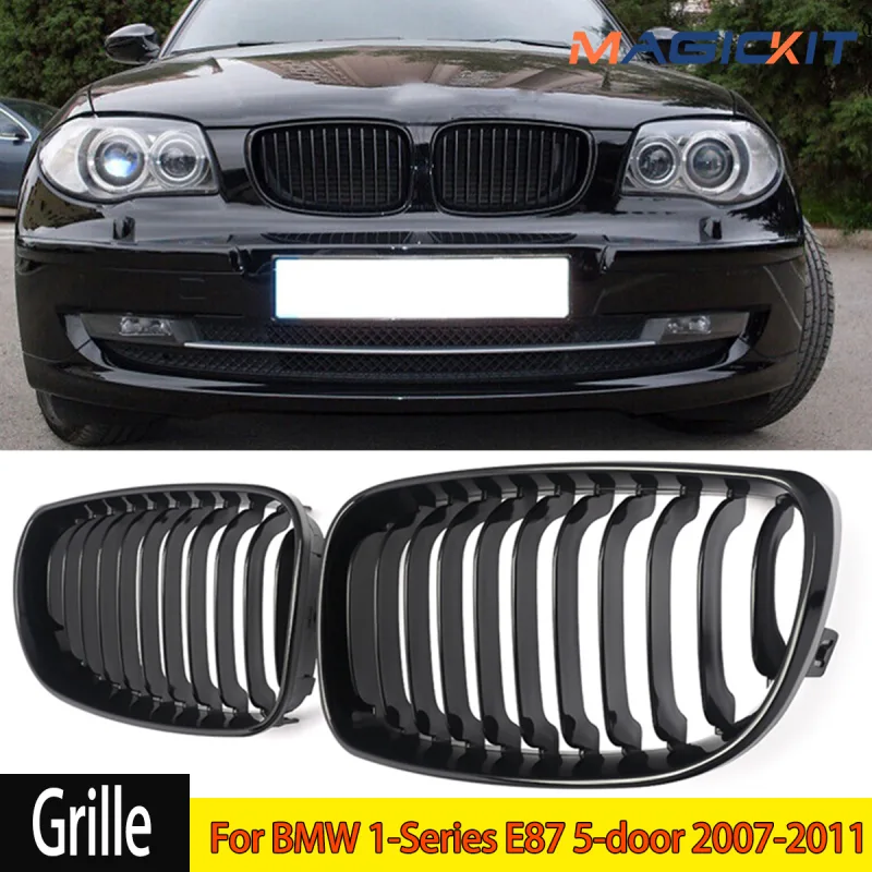 1 Pair Front Kidney Grille Gloss Black For BMW 1 Series E81 E82 E87 E88 2007-2011 1 Slat Line Car Styling Sport Racing Grills - image 1