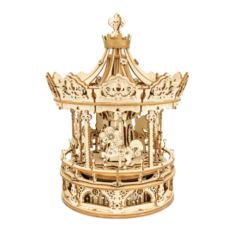 Robotime 3D Wooden Puzzle 336pcs Rotatable DIY Romantic Carousel Game Gift for Children Kids Adult AMK62 Assembly Music Box Toy - image 1