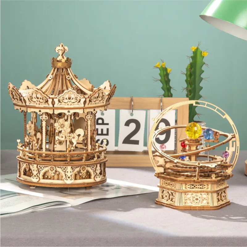 Robotime 3D Wooden Puzzle 336pcs Rotatable DIY Romantic Carousel Game Gift for Children Kids Adult AMK62 Assembly Music Box Toy - image 2