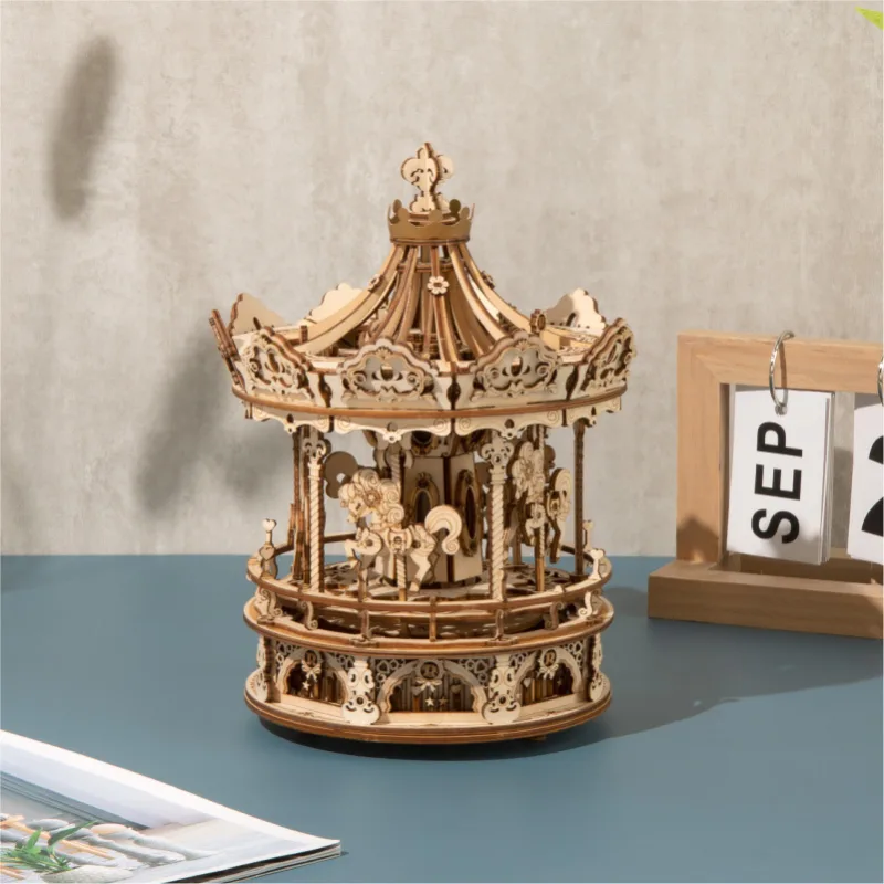 Robotime 3D Wooden Puzzle 336pcs Rotatable DIY Romantic Carousel Game Gift for Children Kids Adult AMK62 Assembly Music Box Toy - image 4
