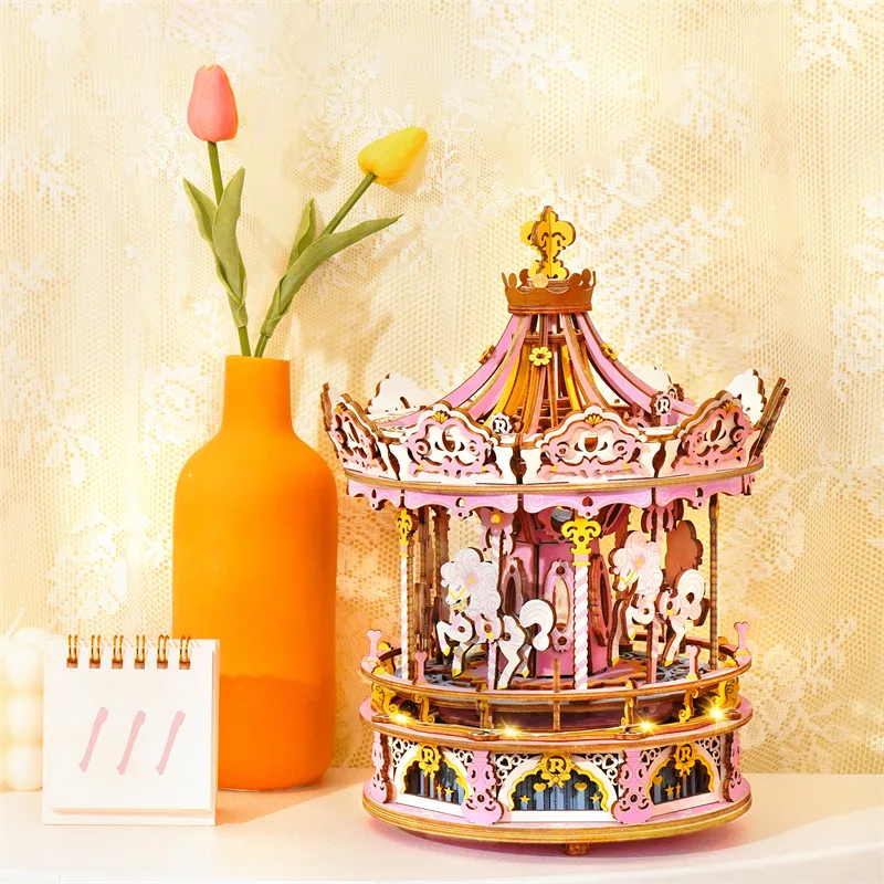 Robotime 3D Wooden Puzzle 336pcs Rotatable DIY Romantic Carousel Game Gift for Children Kids Adult AMK62 Assembly Music Box Toy - image 5