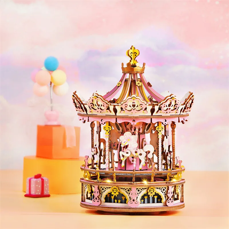 Robotime 3D Wooden Puzzle 336pcs Rotatable DIY Romantic Carousel Game Gift for Children Kids Adult AMK62 Assembly Music Box Toy - image 6
