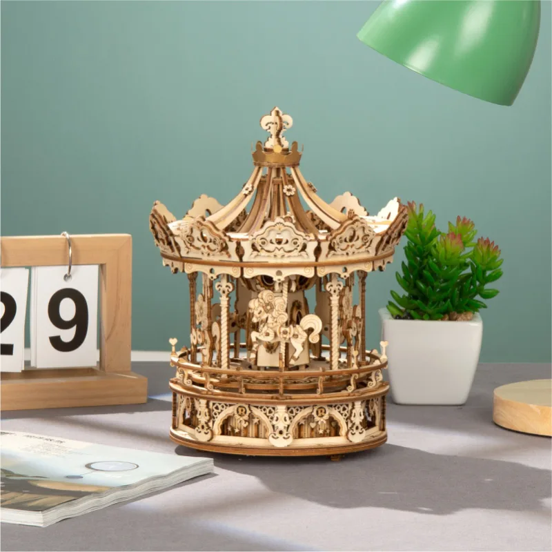 Robotime 3D Wooden Puzzle 336pcs Rotatable DIY Romantic Carousel Game Gift for Children Kids Adult AMK62 Assembly Music Box Toy detail 1
