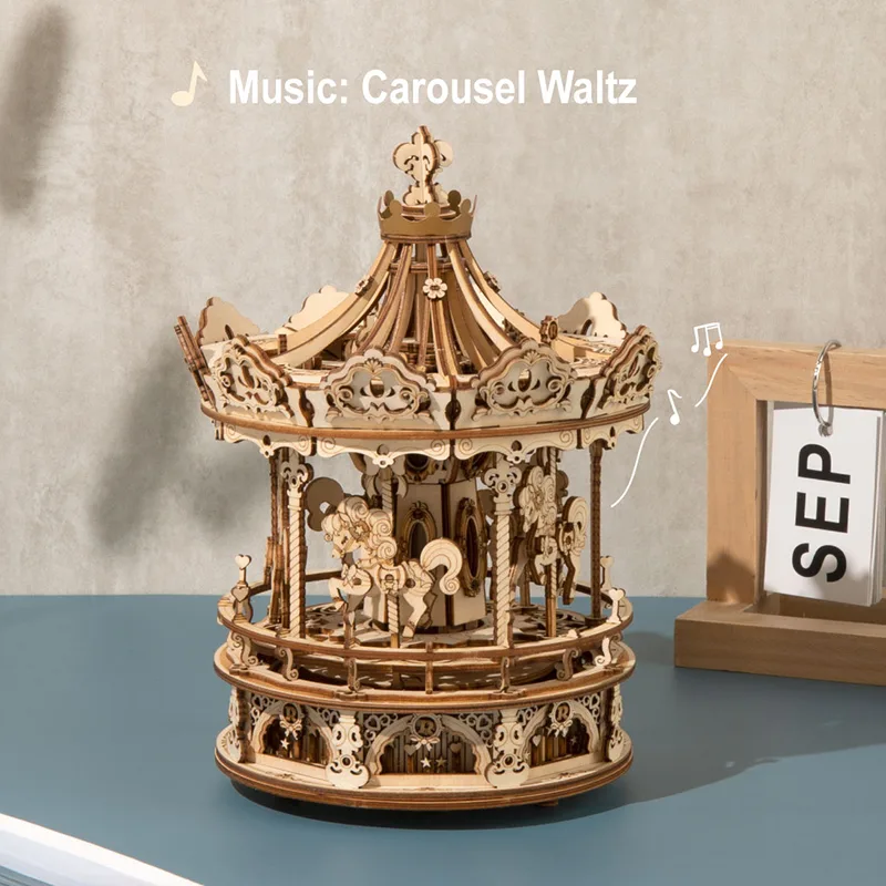 Robotime 3D Wooden Puzzle 336pcs Rotatable DIY Romantic Carousel Game Gift for Children Kids Adult AMK62 Assembly Music Box Toy detail 2