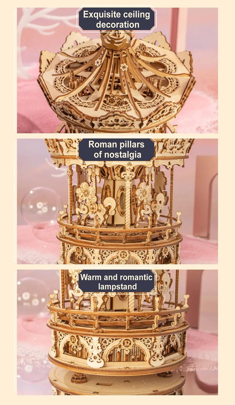 Robotime 3D Wooden Puzzle 336pcs Rotatable DIY Romantic Carousel Game Gift for Children Kids Adult AMK62 Assembly Music Box Toy detail 3