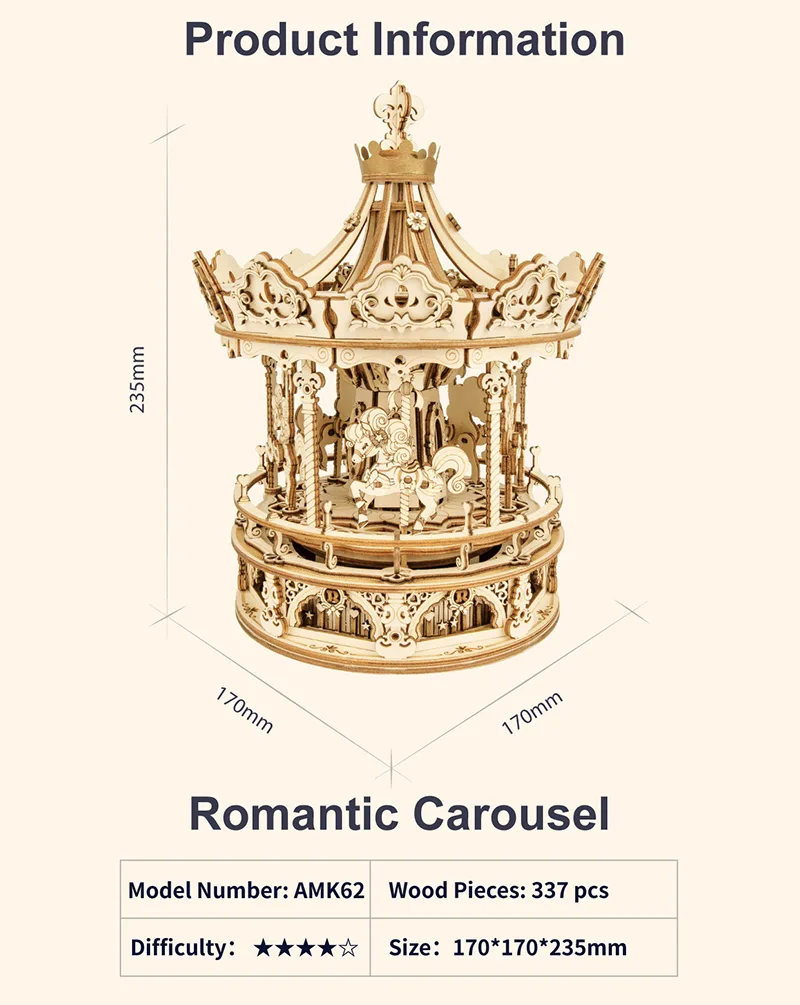 Robotime 3D Wooden Puzzle 336pcs Rotatable DIY Romantic Carousel Game Gift for Children Kids Adult AMK62 Assembly Music Box Toy detail 4