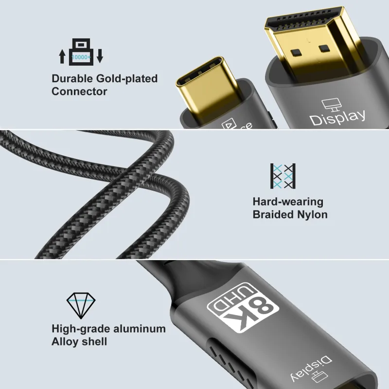 8K@60Hz USB C to HDMI 2.1 Cable 4K@144Hz 2K@240Hz Type C to HDMI 4K 8K Cord Support HDCP 2.3/HDR10 Thunderbolt 3/4 Compatible - image 2