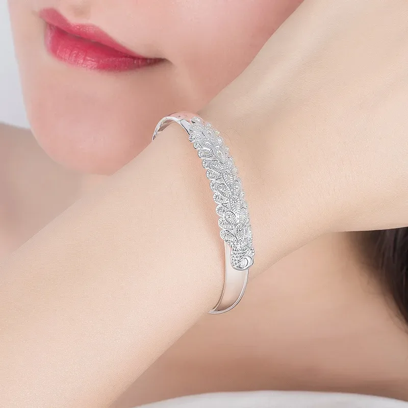925 Sterling Silver Peacock Opening Screen Bracelet For Women Luxury Designer Texture Open Bracelets Party Original Jewe image 3