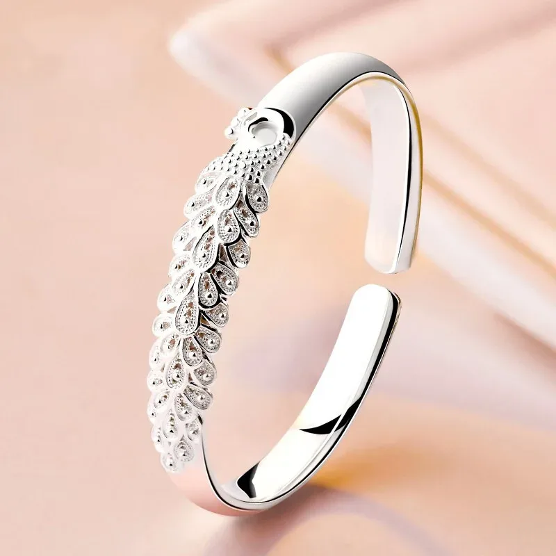 925 Sterling Silver Peacock Opening Screen Bracelet For Women Luxury Designer Texture Open Bracelets Party Original Jewe image 4