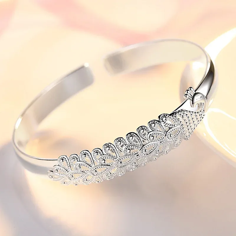 925 Sterling Silver Peacock Opening Screen Bracelet For Women Luxury Designer Texture Open Bracelets Party Original Jewe image 5