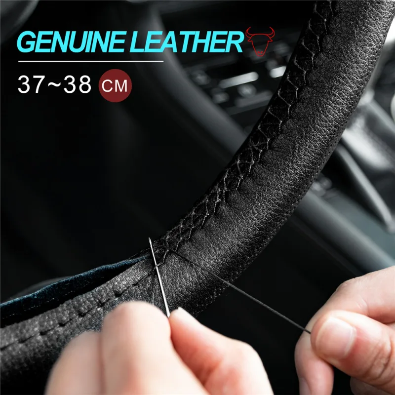 3 Colors DIY Sew Genuine Leather Car Steering Wheel Cover Punched Anti-slip Breathable 38cm 15inch for Lada Kia Hyundai Toyota - image 5