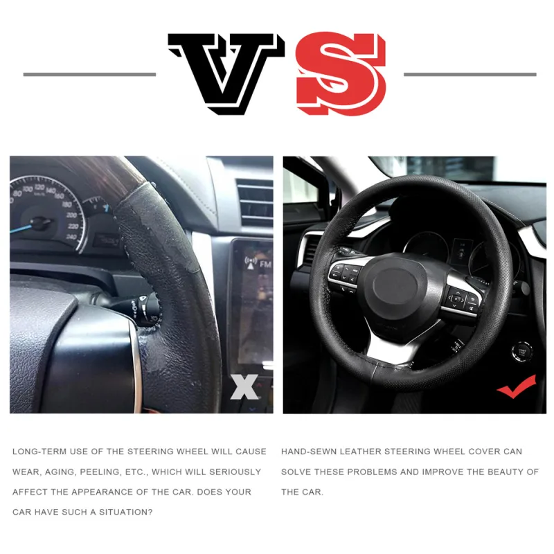 3 Colors DIY Sew Genuine Leather Car Steering Wheel Cover Punched Anti-slip Breathable 38cm 15inch for Lada Kia Hyundai Toyota detail 3