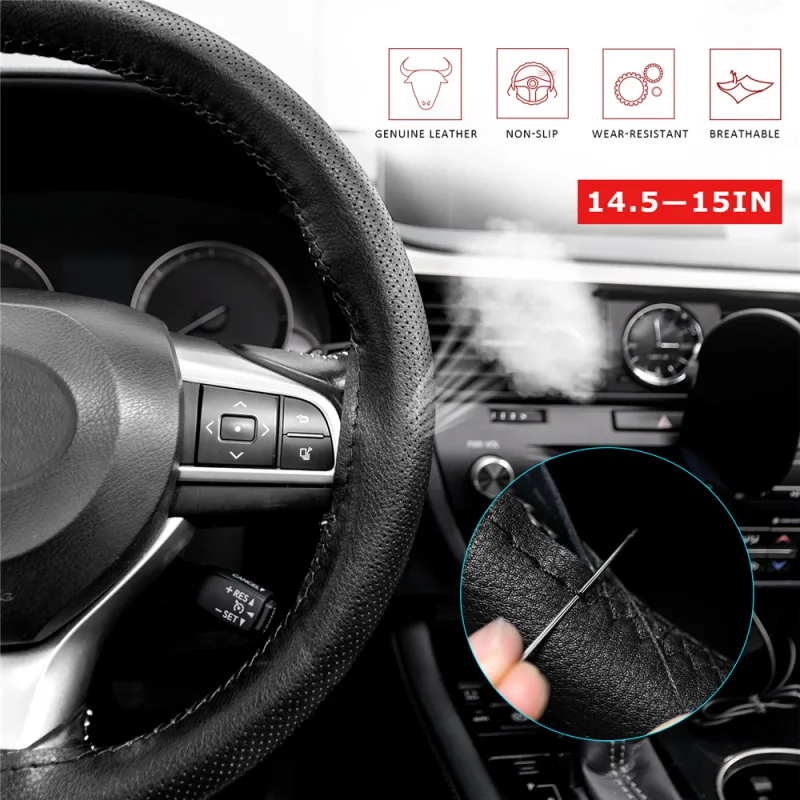3 Colors DIY Sew Genuine Leather Car Steering Wheel Cover Punched Anti-slip Breathable 38cm 15inch for Lada Kia Hyundai Toyota detail 4