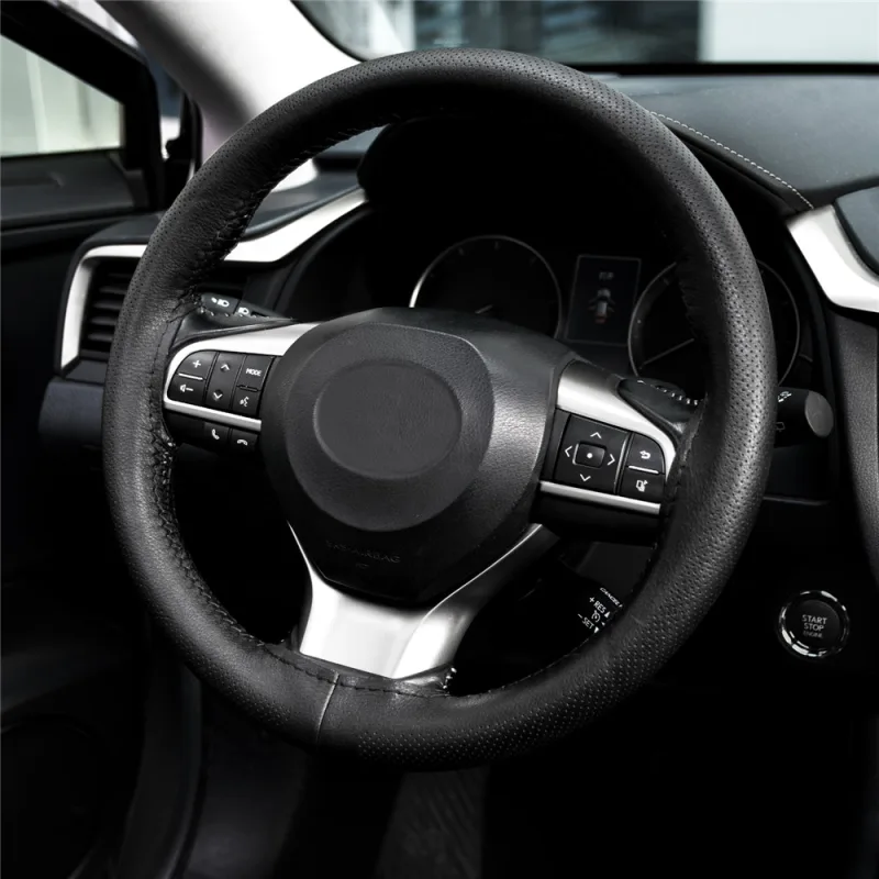 3 Colors DIY Sew Genuine Leather Car Steering Wheel Cover Punched Anti-slip Breathable 38cm 15inch for Lada Kia Hyundai Toyota detail 8