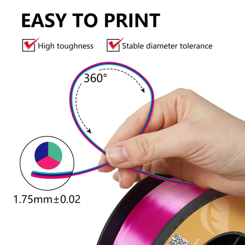 KINGROON 5KG Tricolor Silk PLA Filament 3 in 1 Multi-color 3D Printer Filaments PLA Three-Color Coextrusion, 5 Spool image 3