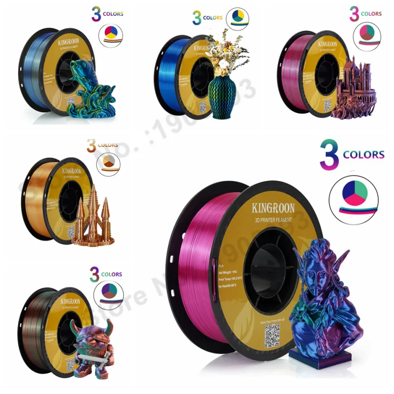 KINGROON 5KG Tricolor Silk PLA Filament 3 in 1 Multi-color 3D Printer Filaments PLA Three-Color Coextrusion, 5 Spool image 6