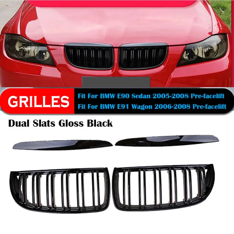 FOR BMW 3 SERIES E90 E91 2005-2008 PRE LCI GLOSS BLACK TWIN BAR KIDNEY GRILLS image 1
