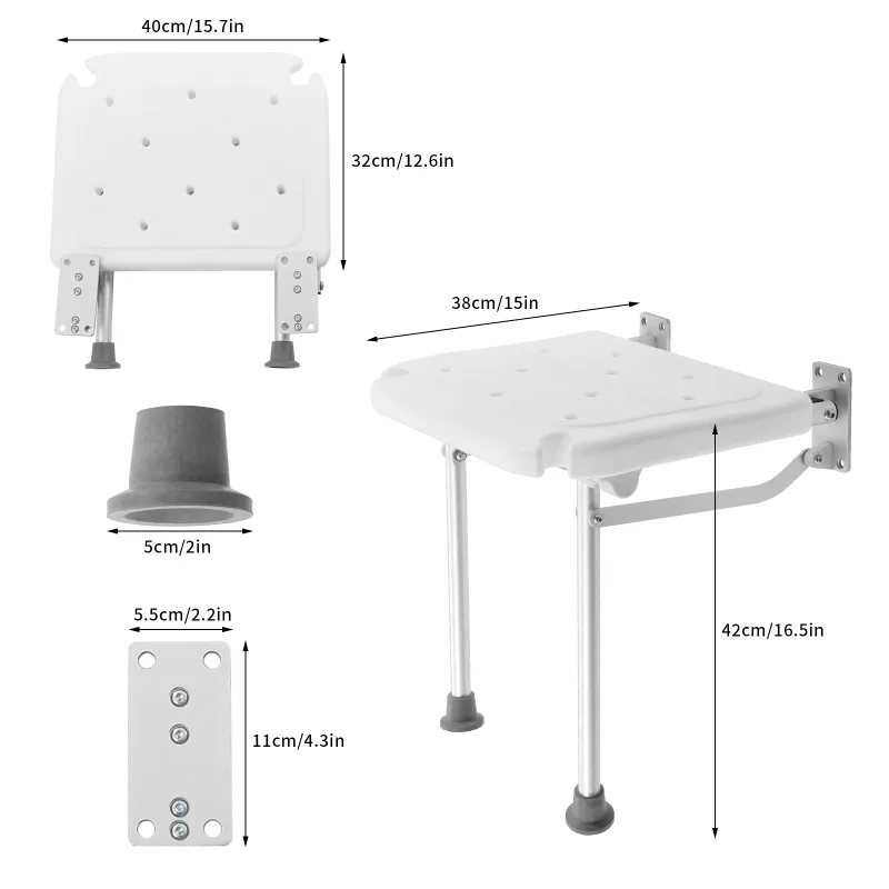 Wall Mount Folding Shower Seat Bath Chair Shower Stool Folding Shower Seat w/Support Feet for Elderly Pregnant Women Dis image 6