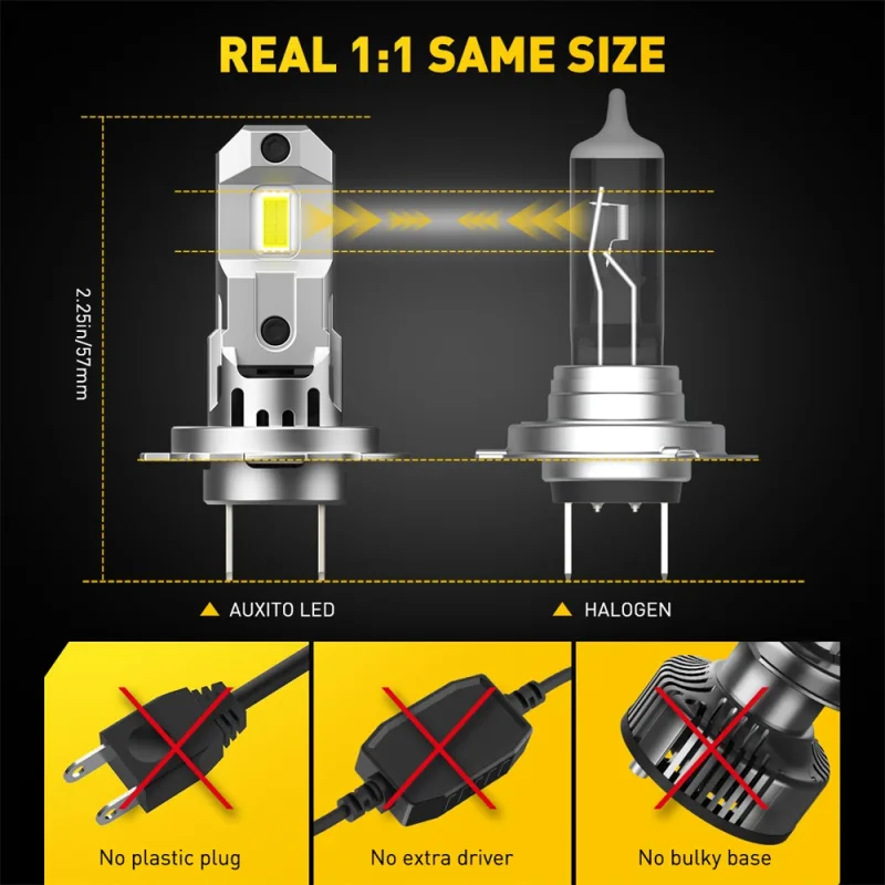 AUXITO 2Pcs 60W H7 LED Lights High Power 1:1 Mini Size Car Lights Auto Head Lamp Wireless H7 Turbo Led 12V 6500K Car LED image 4