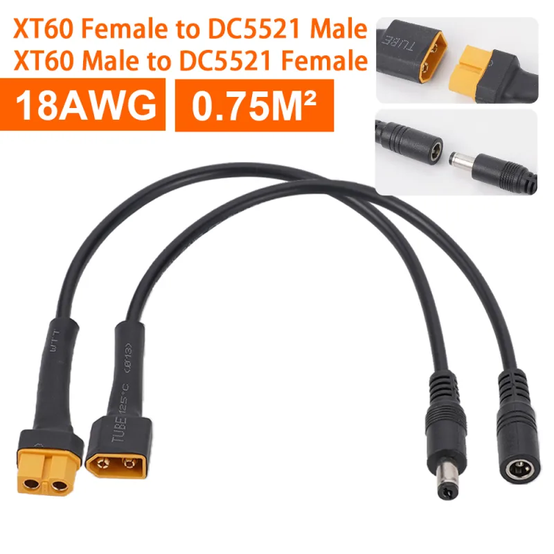 XT60 Male And Female Connector To DC5521 Power Cable Adaptor 18AWG For  Battery Charging Adapter Cables image 2