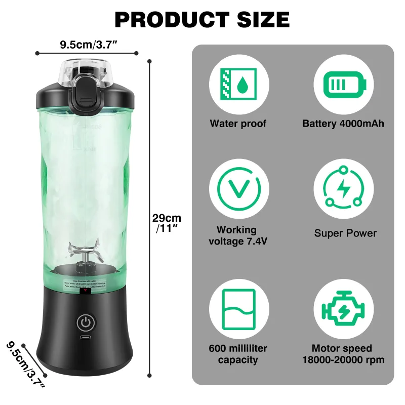 Professional 2 In 1 Portable Blender 600ML Electric Juicer Fruit Mixers USB Rechargeable Smoothie Mini Blender Personal  image 5