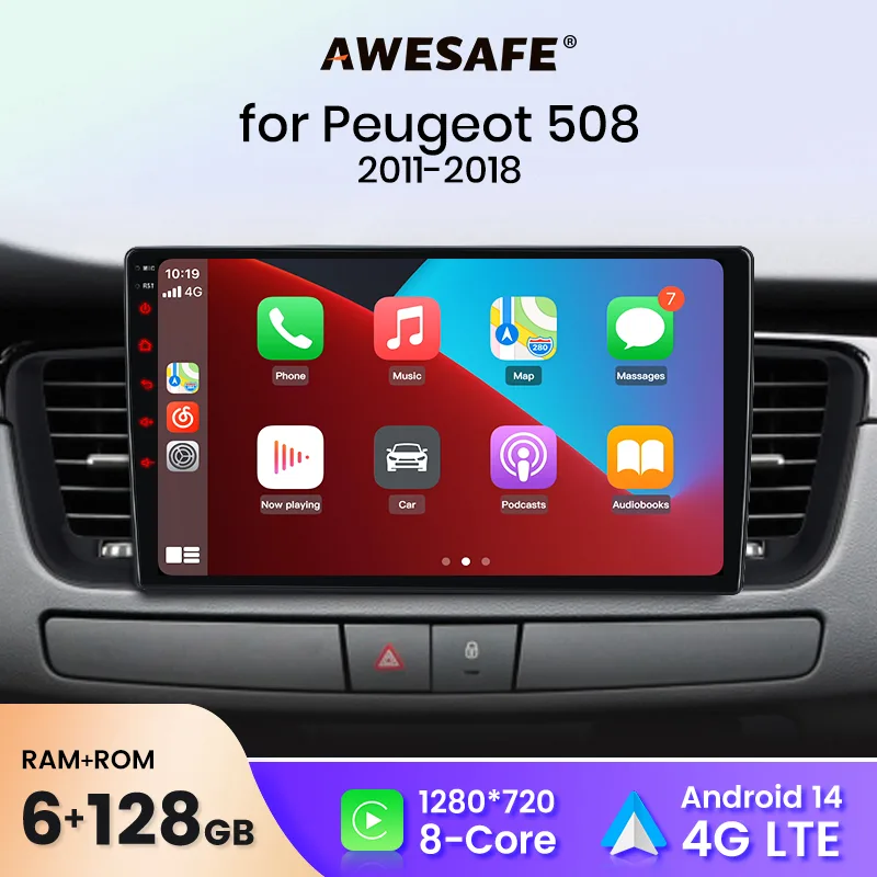 AWESAFE Wireless CarPlay Android Auto Car Radio Stereo For Peugeot 508 2011-2018  Car Intelligent Systems BT FM RDS Plug image 1