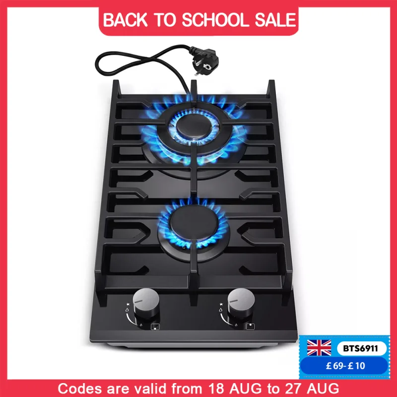 TopStrong 2 Burners 30cm Kitchen Built in Tempered Glass NG/LPG Dual Fuel Gas Hob UKGCT-B02 image 1