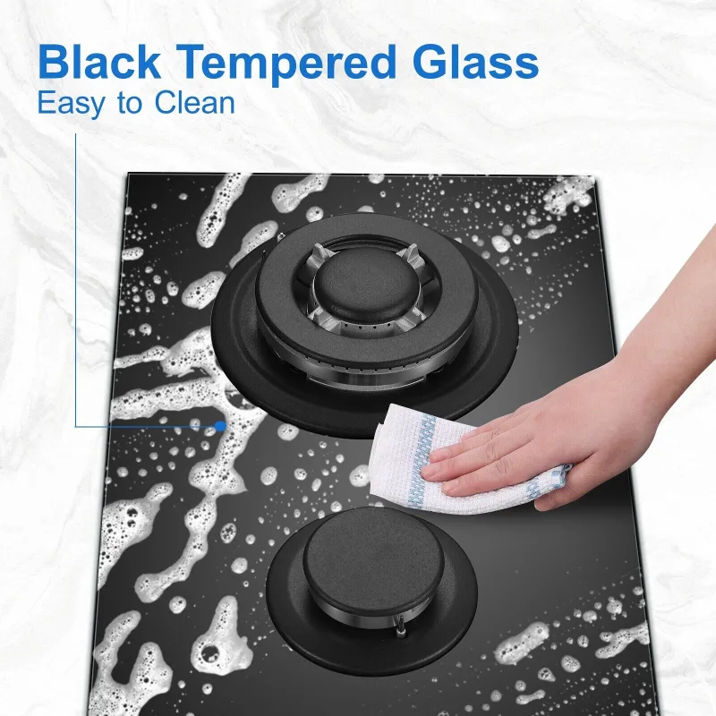 TopStrong 2 Burners 30cm Kitchen Built in Tempered Glass NG/LPG Dual Fuel Gas Hob UKGCT-B02 image 3